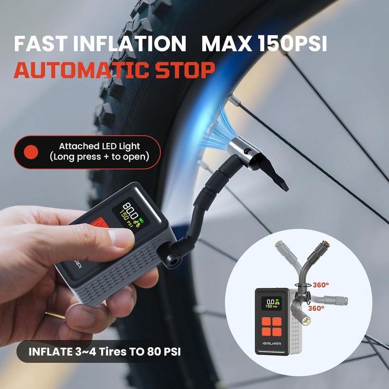 SAILHAPI Mini Bike Tire Pump (150PSI Fast Inflation with Guage) (Presta and Schrader Valve) Portable Electric Air Pump for Road and Mountain Bicycle, E-Bike, Motorcycle, Sports Ball - Image 2